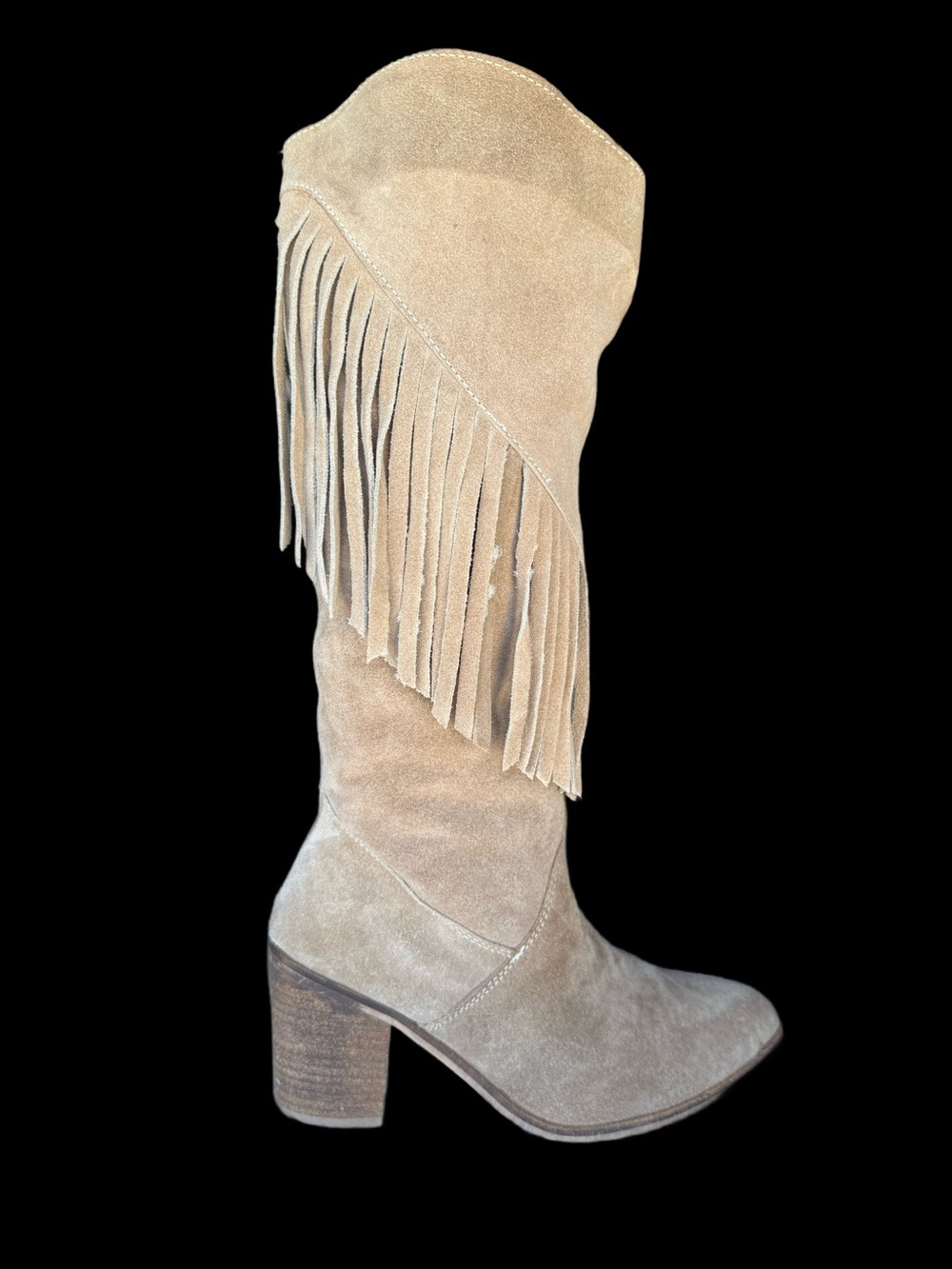 Fringe Suede Knee-High Block Heel Boot - Tan
